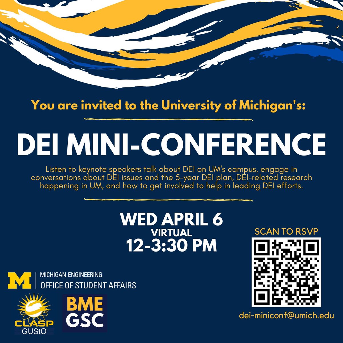 Learn about DEI issues and efforts at UM and how you can get involved! Join us for amazing speakers, round table discussions, poster presentations, and a student organization fair!

bit.ly/3wkv7gz