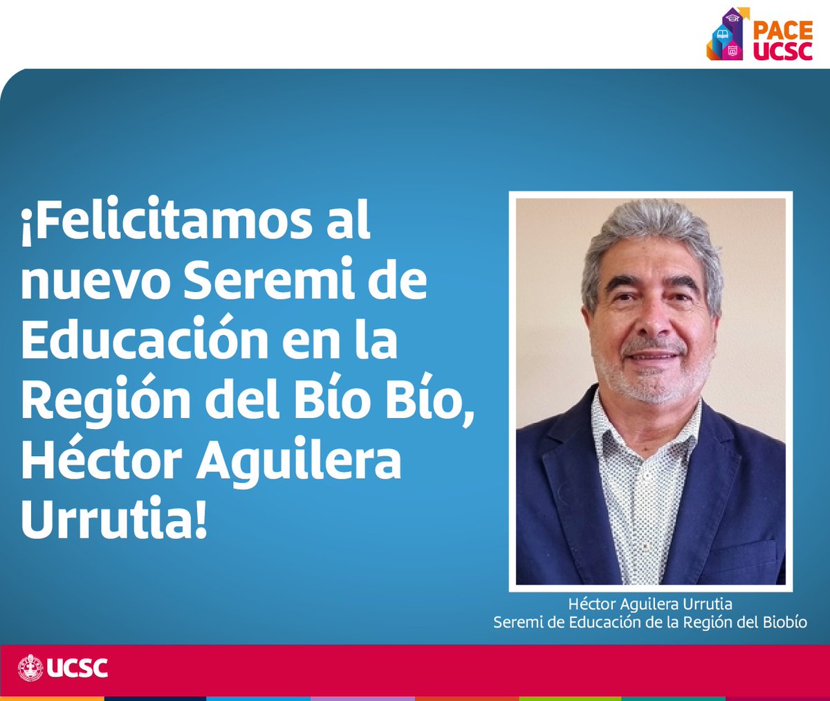 paceucsc's tweet image. Felicitamos al recién asumido Seremi de Educación, Héctor Aguilera Urrutia, quien fue nombrado como titular de la cartera en la Región del Bíobío.

Le deseamos lo mejor en este nuevo camino a quien fuera hasta hace poco el Coordinador Regional del Programa PACE del Bíobío.