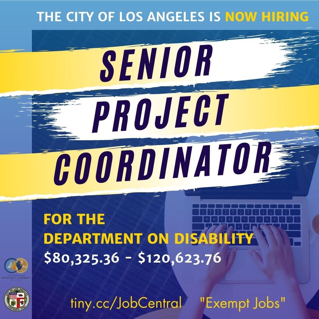 The Dept. on Disability is seeking to urgently hire a Sr. 
 Project Coordinator for its Disability Access Services Division. Find out more  at per.lacity.org/jobs/openings/…. Don't delay, apply today! #CareersStartHere #BestJobEVER #WorkLivePlayInLA #LAlove #HelpingCareers #HelpingJobs