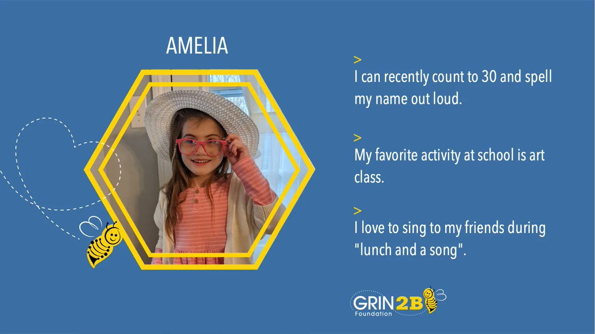 GRIN2Bsyndrome's tweet photo. Meet Amelia! She loves art and singing and just learned to count to 30 and spell her name. 💛🐝💛⠀
#facesofGRIN2B #grin2bees #GRIN2BAwareness https://t.co/Ep7pv64r0g