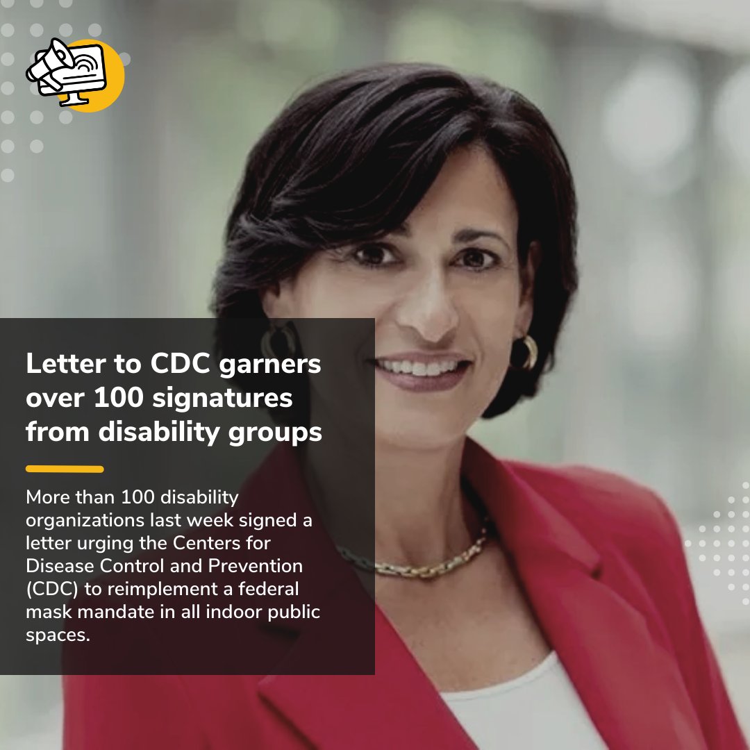 abilitymediagrp's tweet photo. Letter to #CDC garners over 100 signatures from #disability groups:

More than 100 disability organizations signed a letter urging @CDCgov to reimplement a federal #maskmandate in all indoor public spaces.

https://t.co/7YsVn46nih

#AbilityMedia https://t.co/CYdjWN9SPH