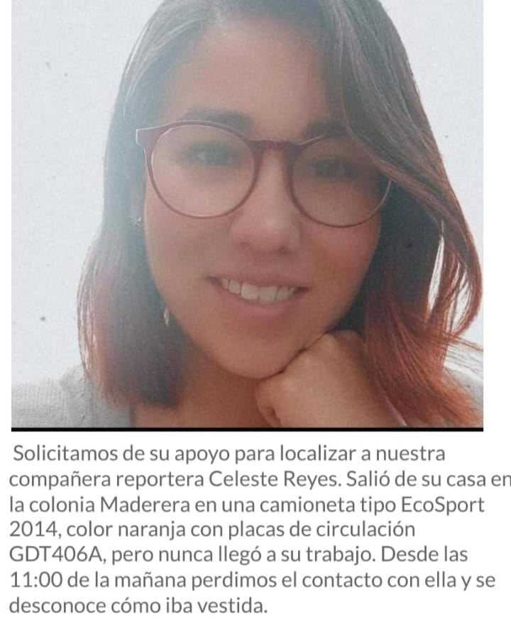 radioUJED's tweet photo. Solicitamos de su apoyo para localizar a nuestra compañera reportera Celeste Reyes. Salió de su casa en la colonia Maderera en una camioneta tipo EcoSport 2014, color naranja con placas de circulación GDT406A, pero nunca llegó a su trabajo. https://t.co/wh38zHypV5