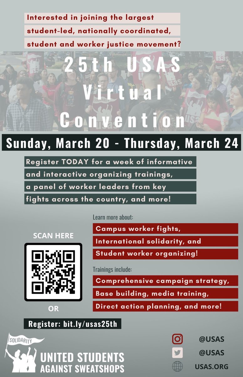 JanineNkosi's tweet photo. 25th United Students Against Sweatshops (USAS) convention. Register by scanning the QR code and using this link: https://t.co/MXNRJHJBvi #FSSoc #MCSoc https://t.co/fh7DRyRUFB