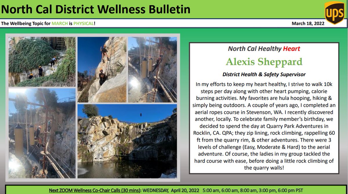 UPSNorCalSafety's tweet photo. This week’s @UPSNorCalSafety Wellness Bulletin focuses on how Alexis keeps her heart healthy & more #WellnessWednesday activities! Plus an added bonus from our partners at @kpthrive! @CharP_RN @CommCornerUPS @karljones64 @joshneedlesUPS #upswellness #upscommcorner https://t.co/It9RHb1V9m