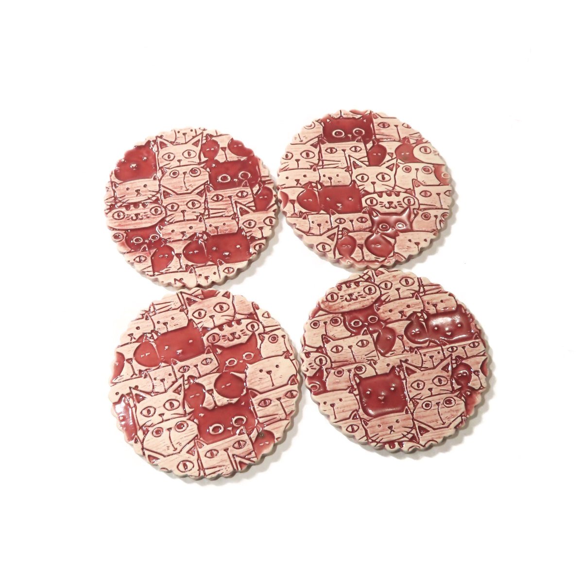 JKCJewelry's tweet photo. Cat Coaster, Feline Ruby Red Ceramic Coaster, Handmade Drink Holder, Kitty Gift, Non Slip Pottery Coaster, Cat Lover, Gift Idea, Set of 4 https://t.co/uB2n8FQPxU #pottery #ceramics #handmade #art #AbsorbentCoaster https://t.co/YoXt1T3omZ