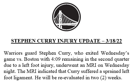WarriorsPR's tweet photo. Stephen Curry injury update: https://t.co/CfYRcZjSOi