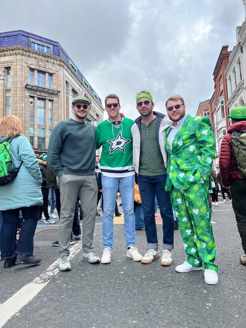 DallasStars's tweet photo. #TexasHockey goes Global! 🌎 

Yesterday, Trey shamrocked his Victory Green at the #StPatricksDay parade in Dublin, Ireland! 

Where did you rock Victory Green from for the holiday? 🍀 https://t.co/RuqyhNKlvU