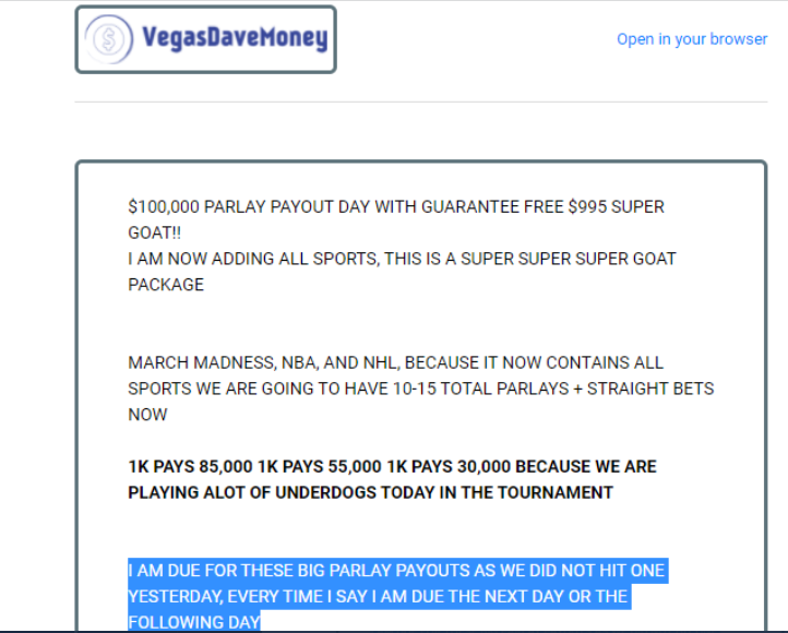VDtwitches's tweet photo. Dave Email #1  (10:06 am)  - "I AM DUE FOR BIG PARLAY PAYOUTS AS WE DID NOT HIT ONE YESTERDAY"

Dave Email #2  (3:18 pm)  - "WE WENT PERFECT 7-0 ON THEM YESTERDAY INCLUDING 2-0 ON PARLAYS"

Huh? (????)    

More Lies!!!!!

🤡💩 https://t.co/5mEG3td3mj