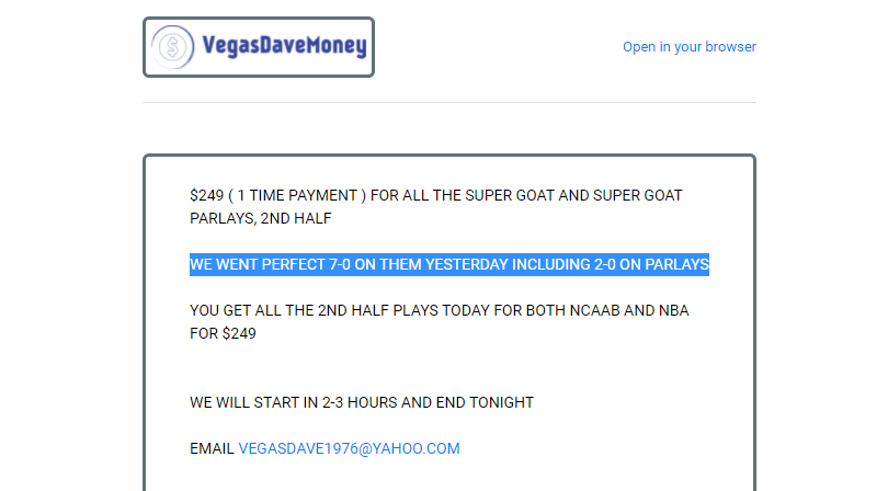 VDtwitches's tweet photo. Dave Email #1  (10:06 am)  - "I AM DUE FOR BIG PARLAY PAYOUTS AS WE DID NOT HIT ONE YESTERDAY"

Dave Email #2  (3:18 pm)  - "WE WENT PERFECT 7-0 ON THEM YESTERDAY INCLUDING 2-0 ON PARLAYS"

Huh? (????)    

More Lies!!!!!

🤡💩 https://t.co/5mEG3td3mj