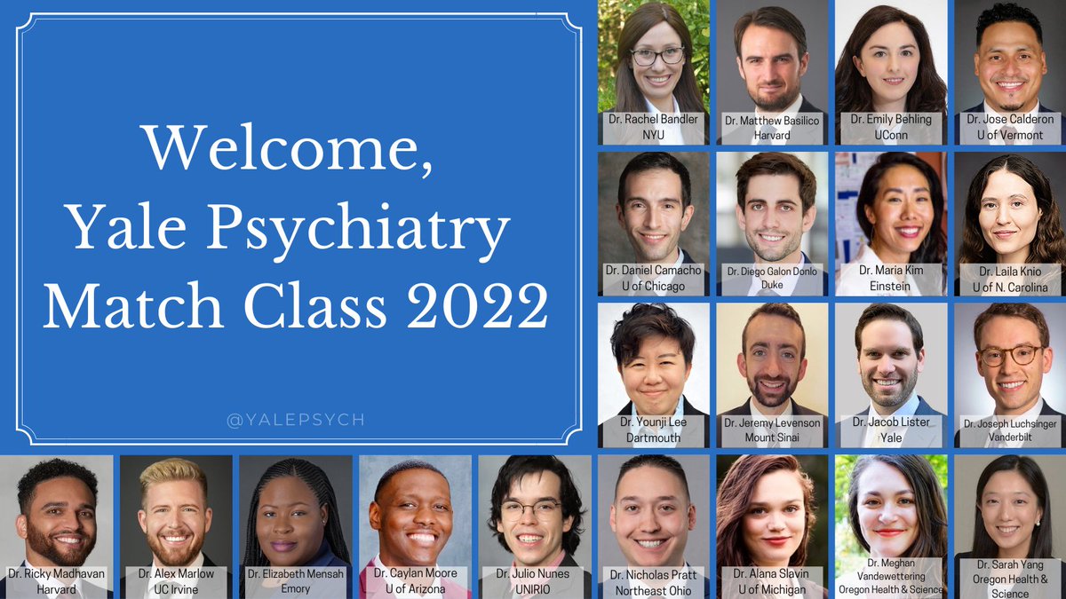 YalePsych's tweet photo. Congratulations to our new class of residents who matched with us today! Welcome to Yale - we're excited to have you. 

Read more about our amazing new residents: https://t.co/GXbH9gulQY

#YalePsychResidents #MatchDay2022 #YalePsych https://t.co/GUsHJi3nUU