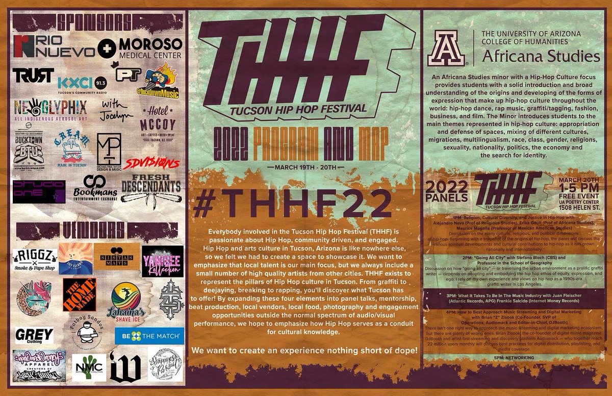 TucsonHHfest's tweet photo. Let’s get prepared, shall we? 📋 

Here is everything #THHF22! You got artists, stages, set times, a map (!), vendor list, &amp; so much more! 

💙❤️: @uahumanities 
Design: @mptmakes https://t.co/4C13Ui2aTK