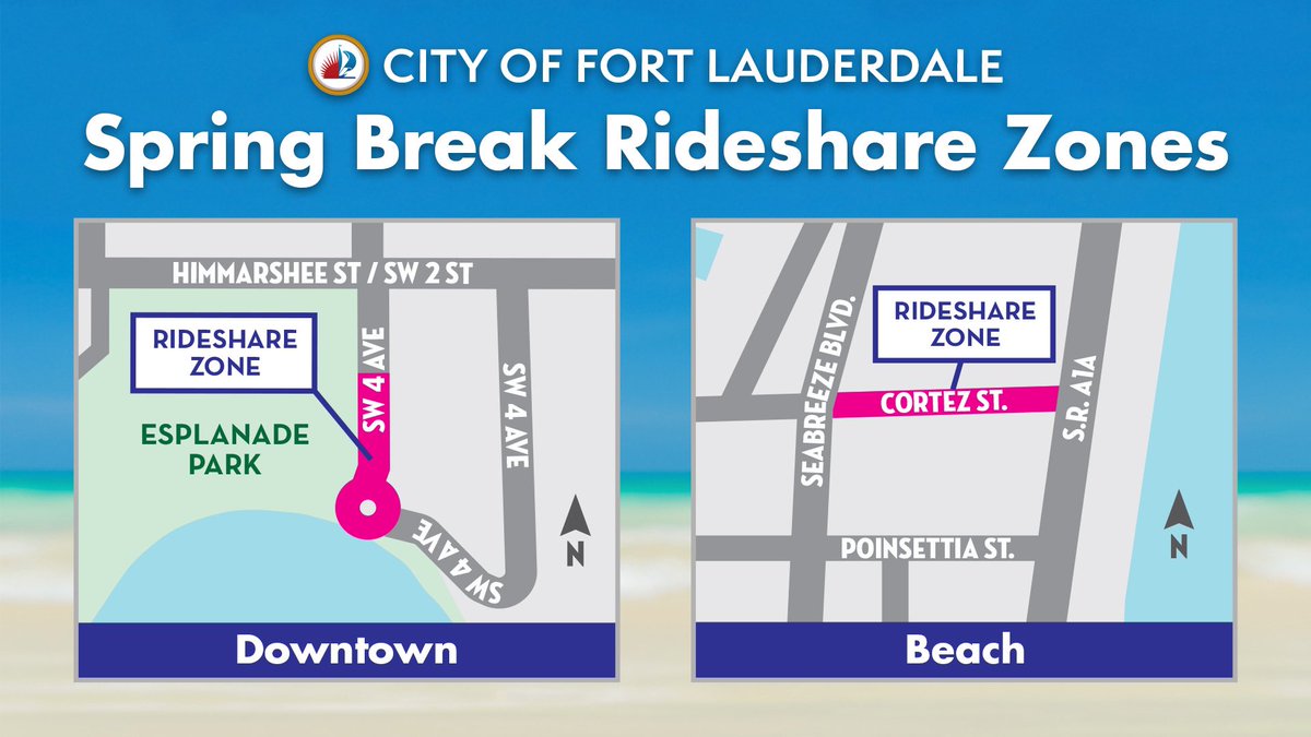 ftlauderdalepd's tweet photo. In #FortLauderdale for #SpringBreak2002? Planning to use a rideshare? Here are the designated drop off & pick up locations for the downtown area and the beach.
#FLPD may cite drivers for pick up/drop off on A1A. This is for the safety of the drivers, passengers and pedestrians. https://t.co/cxZPILQfW2
