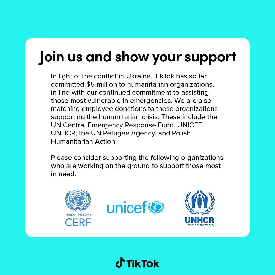 To support those in need, TikTok has committed $5 million along with matching employee donations to @uncerf, @unicef, @refugees and @pah_org. Visit our Discover hub to learn more and show your support 💪
rb.gy/irrqys