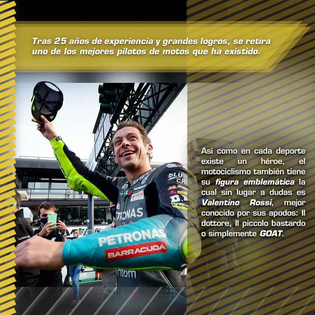 autozulia's tweet photo. En la #Revistaautozulia #Internacional queremos hablarles de #ValentinoRossi, la #leyenda de la #MotoGP mejor conocido por sus apodos: #Ildottore, #Ilpiccolobastardo o #GOAT, quien tras 25 años de experiencia y grandes logros se retira oficialmente de las pistas.🏍🏁🔥
#personaje https://t.co/j3MlnEiAkU