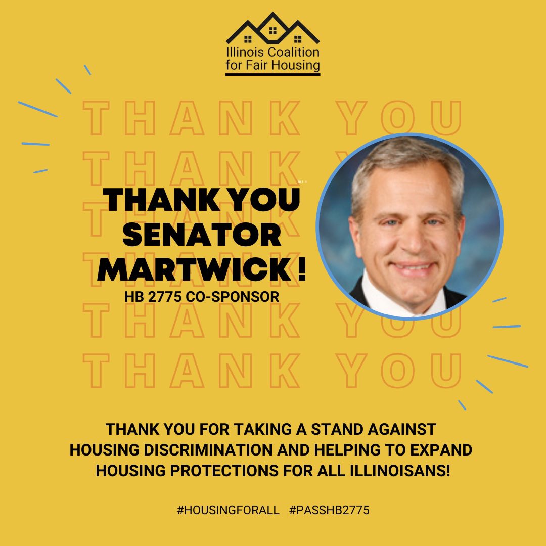 CAFHA's tweet image. ::Appreciation post:: #Illinois is close to becoming the 20th state in the US to adopt #sourceofincome protections that will increase housing opportunities for those who need it most. Thank you Senators @robertmartwick @SenatorBush @SenatorFine @Senator14 for supporting #HB2775!
