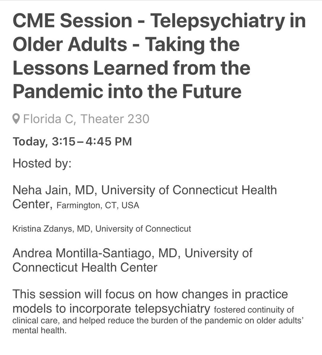 erigarpitt's tweet photo. UConn crew including @GeroPsychLife and @ZdanysMD sharing their experiences caring for older adults with telepsychiatry in the outpatient setting including lessons learned. #AAGP22 #AAGP2022 https://t.co/kWK7kYH2g2