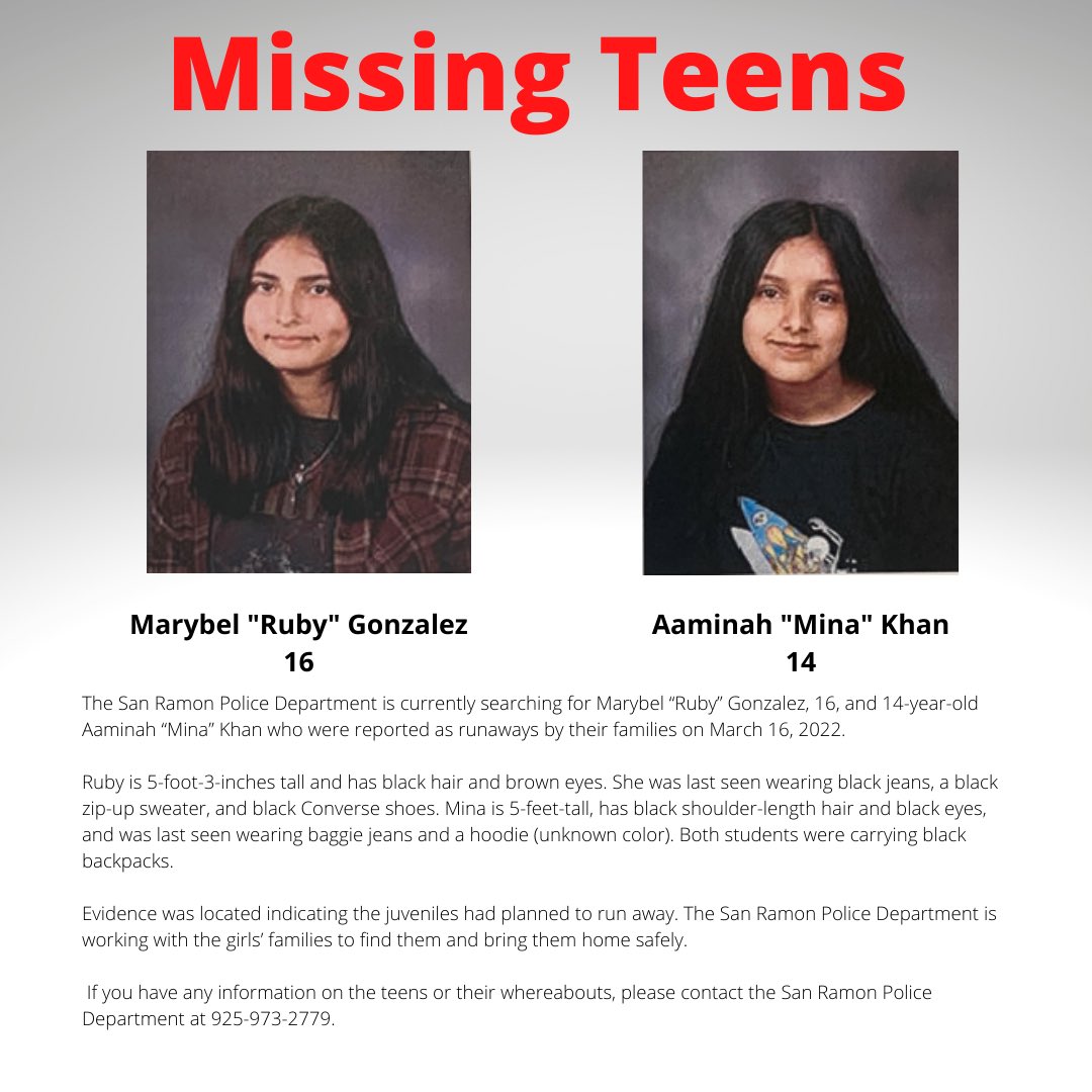 If you have any information on the teens or their whereabouts, please contact the San Ramon Police Department at 925-973-2779.