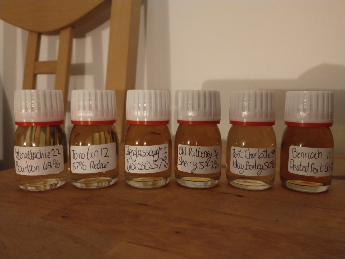 March tasting with the #LWM
<a href="/TheGlenAllachie/">The GlenAllachie Distillery</a> <a href="/Tomatin1897/">Tomatin Whisky</a> <a href="/glenglassaugh/">Glenglassaugh</a> <a href="/OldPulteneyMalt/">Old Pulteney Whisky</a> <a href="/Bruichladdich/">Bruichladdich Distillery (Account Inactive)</a> / #PortCharlotte and <a href="/TheBenriach/">Benriach</a> ahead of us this evening...