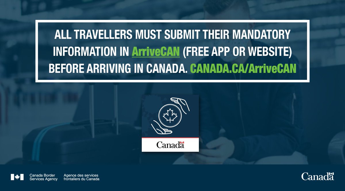 CanBorder's tweet photo. Travellers may experience delays at ports of entry due to public health measures. To help speed up processing times, ensure that you have submitted your mandatory information in #ArriveCAN before arriving in Canada. #KnowBeforeYouGo https://t.co/lXaaeCKhYk https://t.co/vDNQ9EeIJY