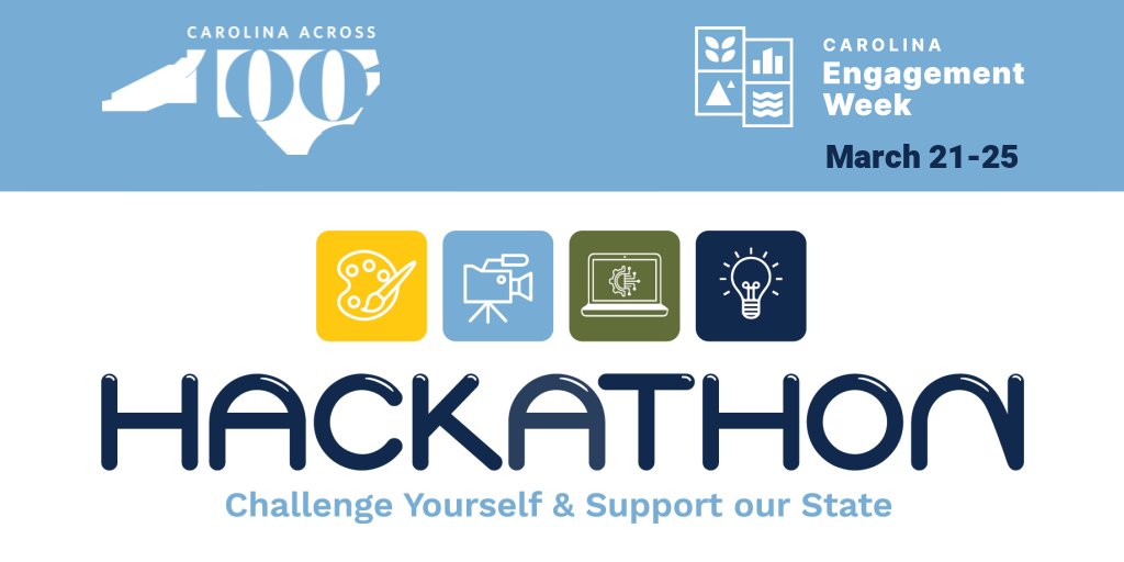ncIMPACTsog's tweet image. With two $500 prizes up for grabs, @UNC students are invited to participate in the #CarolinaAcross100 Civic Hackathon! Use your creativity (infographics, posters, art, poetry...) to visualize COVID-19 health, economic, social impacts across NC: unc.live/3MRmcJe @UNC_CCPS