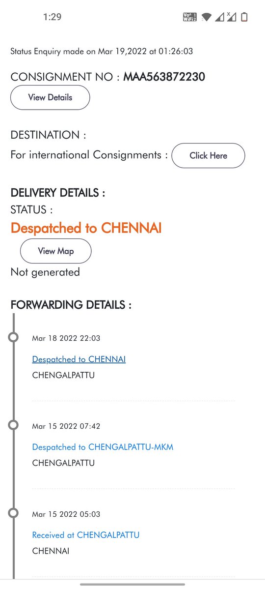 Abhilash0822's tweet photo. @TPCGlobeCares this is also for your notice where the enquiry was made on 19th March 2022, but still it is on Chengalpattu and despatched back to chennai? What the heck is happening with you people i need a explanation for this https://t.co/82VAi3iQEg