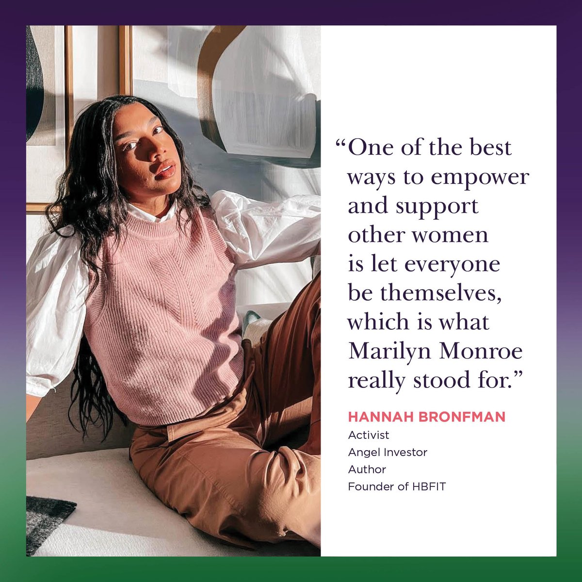 Marilyn Monroe (@marilynmonroe) on Twitter photo For the last two weeks of #WomensHistoryMonth, we’ll be highlighting a few, inspirational, strong females as they answer questions about their icon, #MarilynMonroe.
Today, we are highlighting Activist, Angel Investor, Author and Founder of HBFIT, <a href="/HannahBronfman/">Hannah Bronfman</a>. For the last two weeks of #WomensHistoryMonth, we’ll be highlighting a few, inspirational, strong females as they answer questions about their icon, #MarilynMonroe.
Today, we are highlighting Activist, Angel Investor, Author and Founder of HBFIT, <a href="/HannahBronfman/">Hannah Bronfman</a>.
