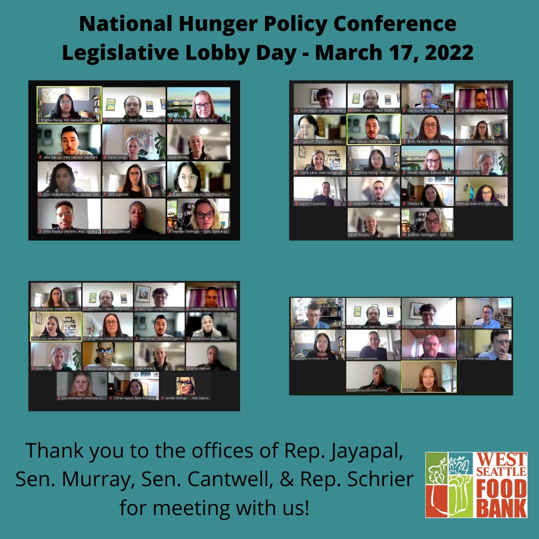 WSFoodBank's tweet photo. This week, WSFB joined the #hungerpc22, sharing ideas with hunger advocates & meeting our representatives to request increased SNAP, expanded Summer Meals & more.
Thank you to @PattyMurray @RepJayapal @RepKimSchrier @SenatorCantwell & their staff for taking the time to listen! https://t.co/iROWbfQLA1