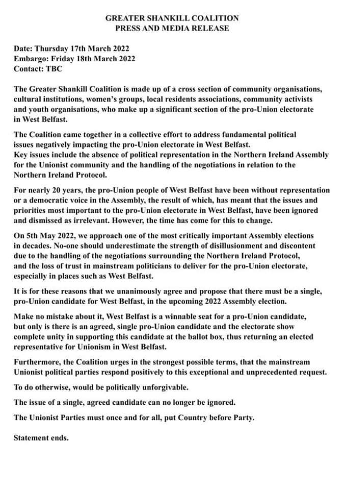 BHigginsonUKNI's tweet photo. There have been calls for the unionist parties to stand aside in west Belfast so an Independent Unionist candidate can stand in the Assembly election.

Press release from the Greater Shankill Coalition. https://t.co/m1D5hO5TT3