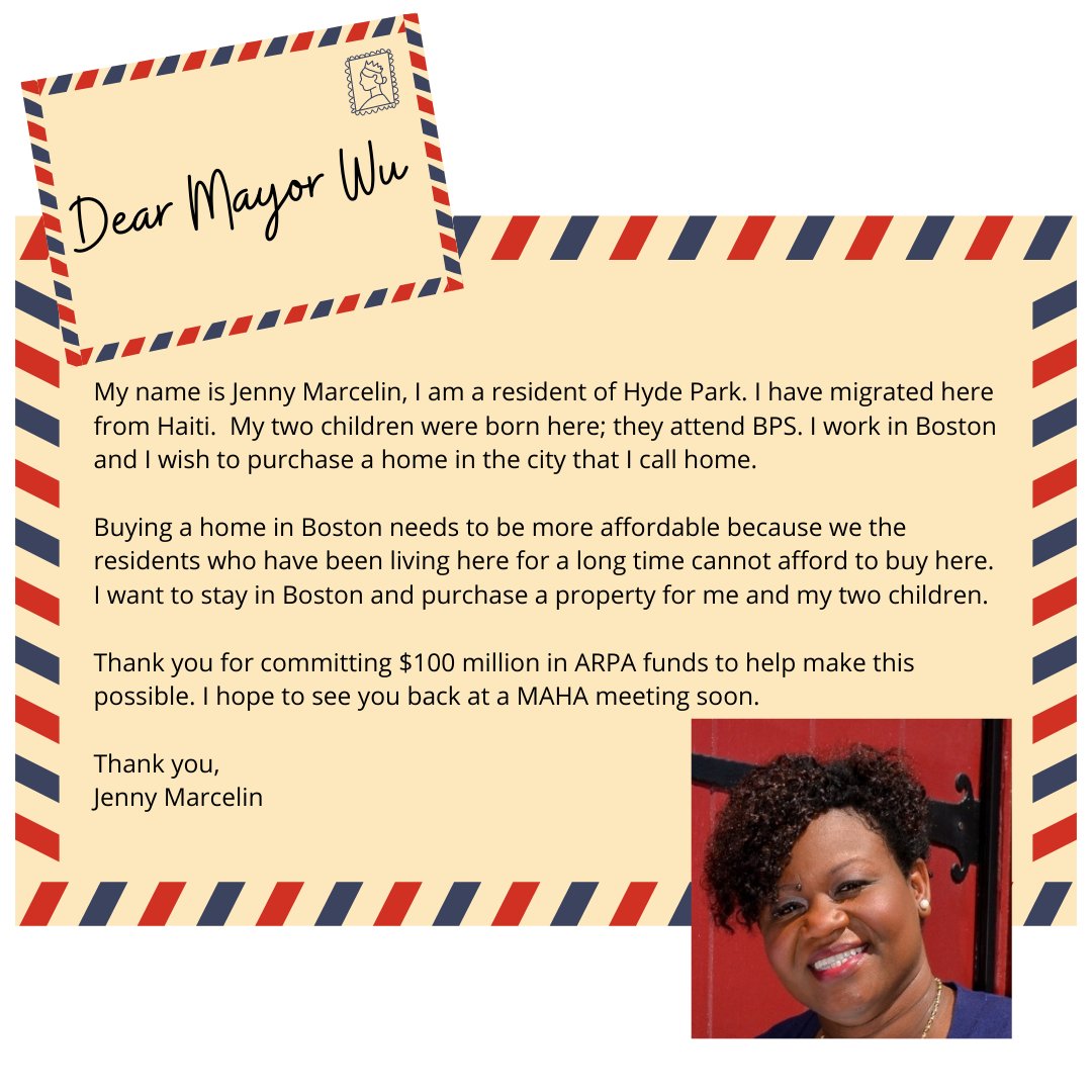 mahahome's tweet image. The residents who make Boston a vibrant city deserve to buy a home here. We're excited about the opportunities @MayorWu 's campaign promise of $100 million in Boston ARPA funds dedicated to affordable homeownership will bring to many residents like Jenny. #bospoli #firstgenhome