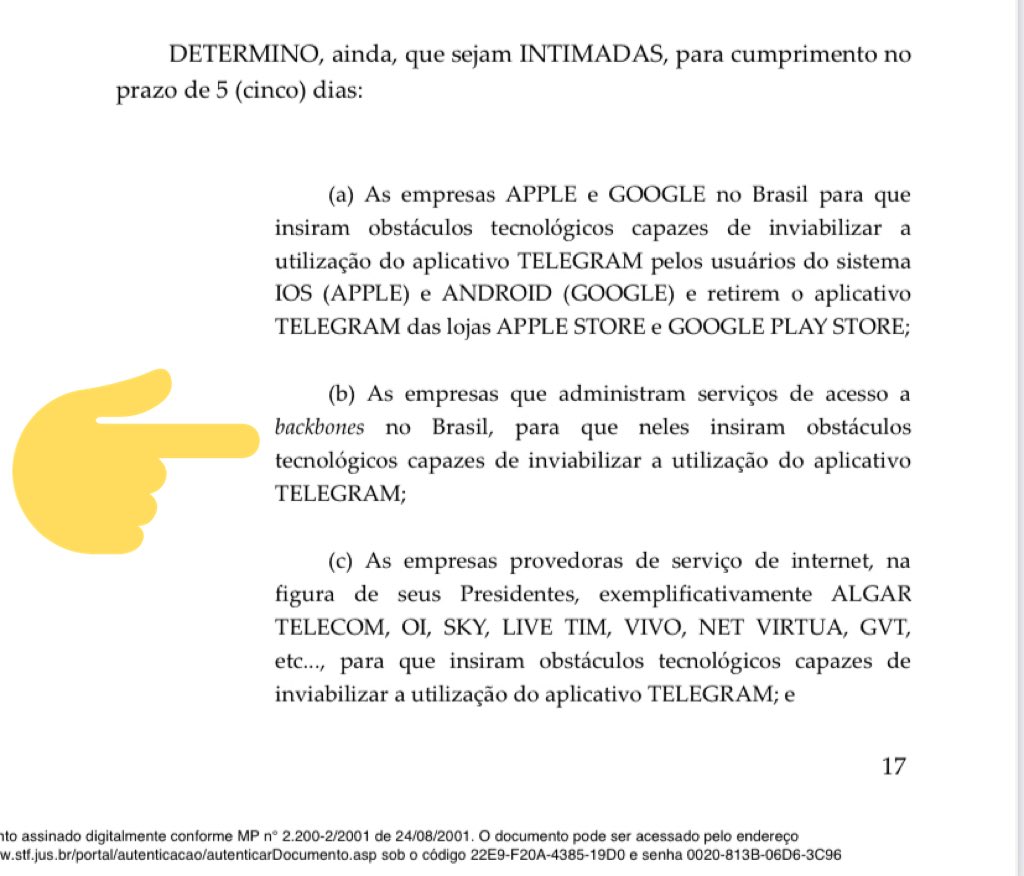 Caberá à ANATEL articular com as entidades que proveem a infraestrutura (“backbones”) da Internet brasileira (como a Embratel, a RNP etc) para que impeçam que IPs brasileiros acessem os servidores do Telegram fora do País.
