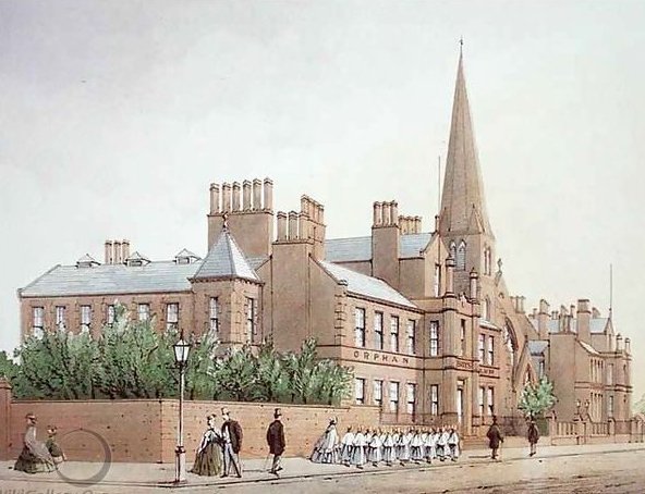 Liverpool Orphan Asylum, Myrtle Street by WG Herdman. 0pened in 1843 it housed up to 160 girls. On admission orphans had to provide a birth certificate which proved that their parents were married and that they had been baptized.  No girls were admitted from the workhouse.