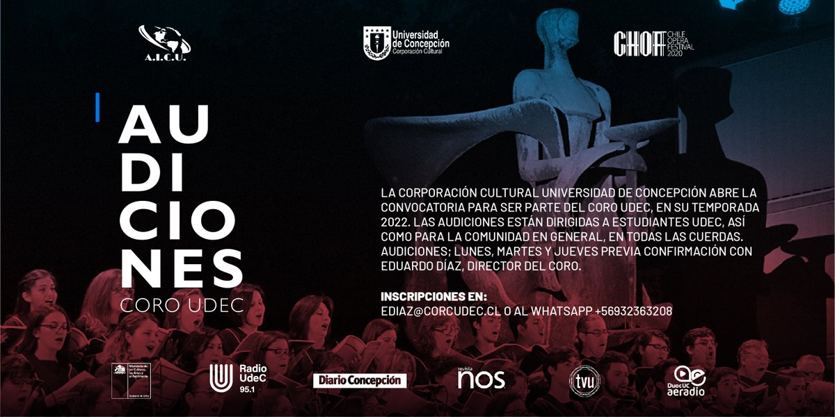 TeatroUdec's tweet photo. #AUDICONES2022 🎶
La Corporación Cultural Universidad de Concepción abre la convocatoria para ser parte del #CoroUdeC, en su Temporada 2022.
Audiciones dirigidas a estudiantes UdeC y comunidad en general. https://t.co/a0dFBNouHe