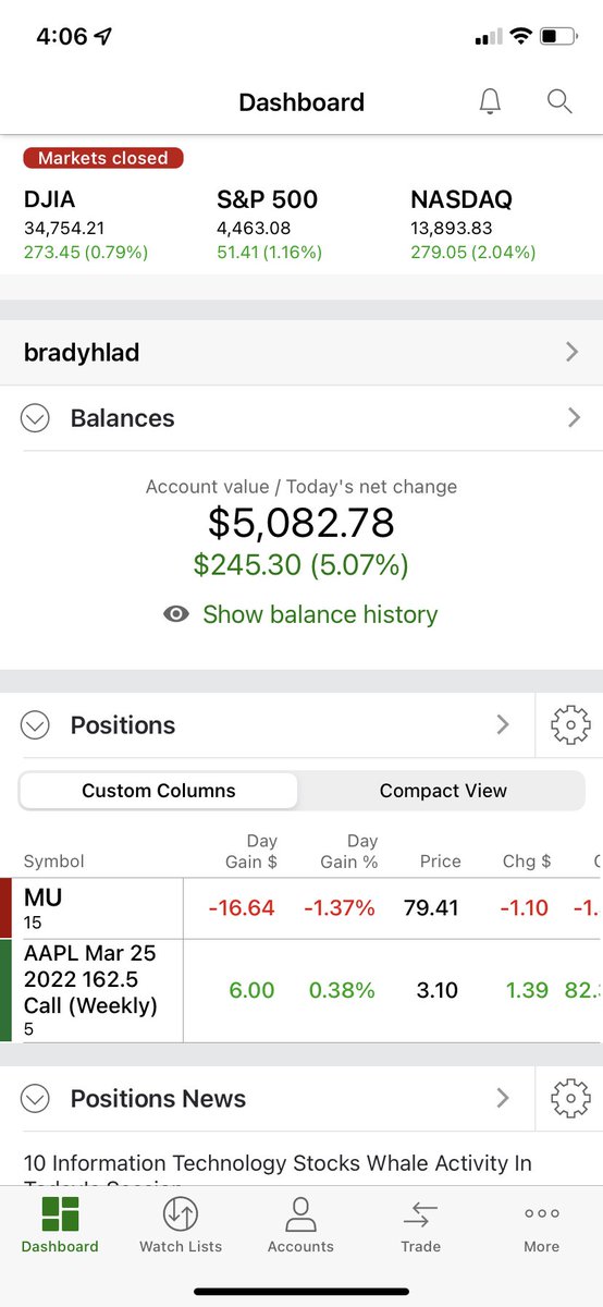 brady_hlad's tweet photo. Tracking my stock market journey.       +$245 on the day. +$760 on the week.  @blakestonks https://t.co/VpgtZYu3IJ
