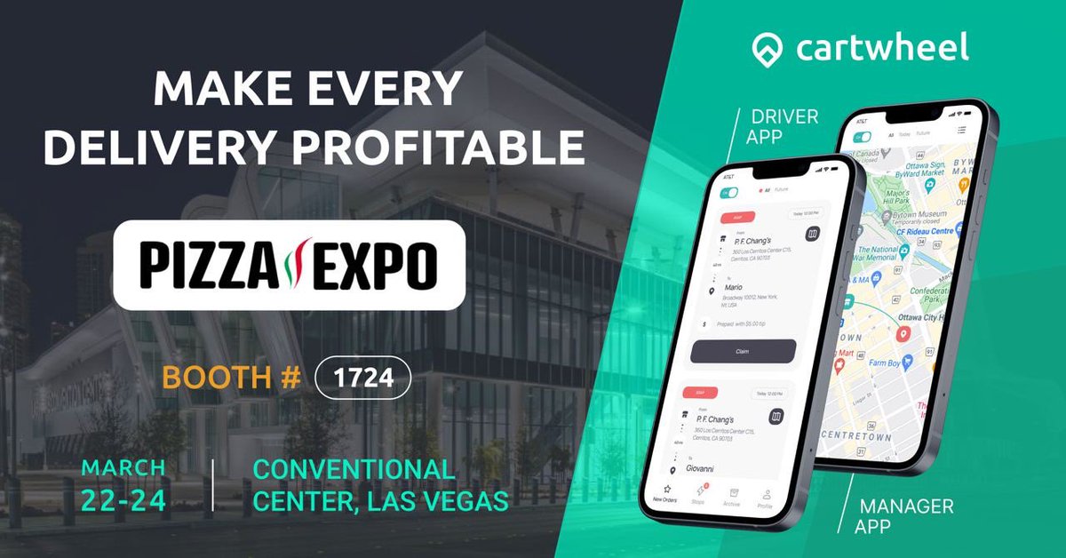 trycartwheel's tweet photo. 🍕🍕 Pizza Expo is next week (March 22-24)!

Come see us at booth #1724! Let’s chat about how to make every delivery profitable with any restaurant delivery model: in-house, outsourced or hybrid.

Text us at 310.562.9225 to set up a personal meeting at the expo.

#pizzaexpo https://t.co/d5N9eiE64U