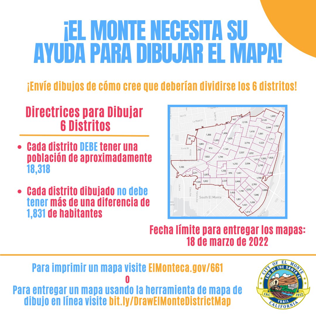 DEADLINE TODAY, 3/18: The City invites you to draw 6 city council districts! Each district must be population balanced with approximately 18,318 individuals. 

To submit a map using the online mapping tool visit  bit.ly/DrawElMonteDis… or visit elmonteca.gov/661.