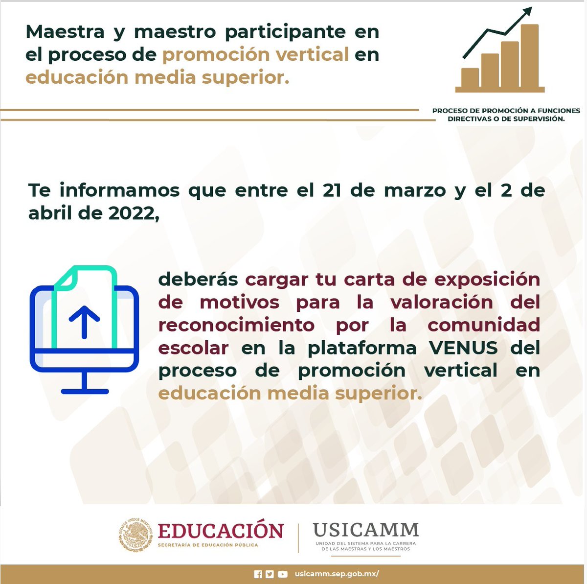 USICAMM_OFICIAL's tweet photo. Maestra y maestro participante en el proceso de promoción vertical en educación media superior
🟡Recuerda que entre el 21 de marzo y 02 de abril deberás cargar tu carta de exposición de motivos en VENUS. 👇#quénosetepase
https://t.co/2PNSoG3jb2 #USICAMMOFICIAL https://t.co/zwCTyQ3CY7