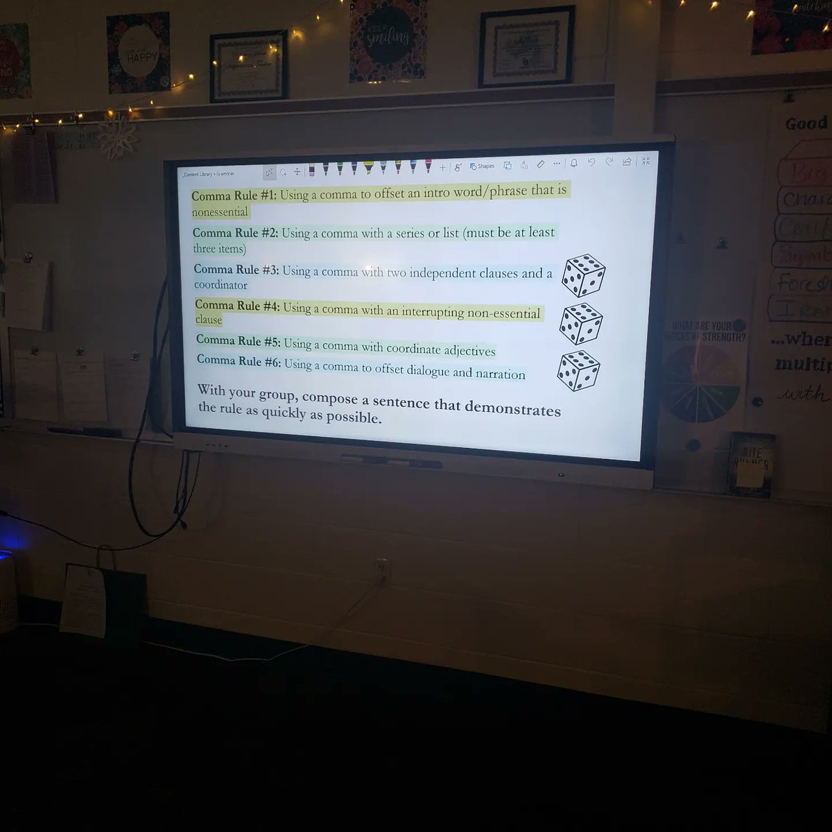 cathy_srock's tweet photo. Gamified grammar today and Had. So. Much. Fun. ๐ฒ Yes, I DID use grammar and fun together in the same sentence. ๐ #srockela11 #alwayslakeorion @LkOrionHS #commarules #englishteacher https://t.co/sVDGMfo0hN