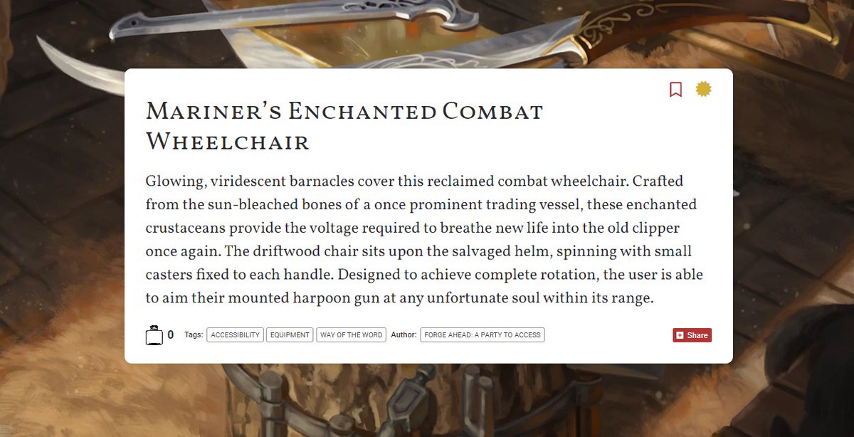 apartytoaccess's tweet photo. Does anyone know whose FA mobility aide we based the @dScrybBoxedText Mariner's Enchanted Combat Wheelchair on? We think @khan_cooke could tell you!
#DnDcharacter #DnD #dndart #dnd5e #ttrpg #CombatChair https://t.co/uh2ZKgb2zy