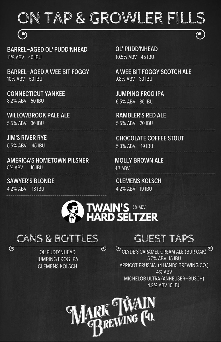 🤘🏼 FRIDAY TAP LIST 🤘🏼 Come hang out with us! We're open till 10 tonight &amp; tomorrow night. 

#drinklocal #eatlocal #hannibalmo #marktwainbrewingcompany