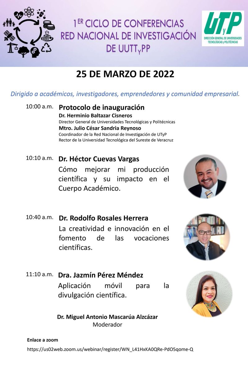 DireccionUTyP's tweet photo. Se invita al !er. ciclo de conferencias dela Red de Investigación dela UTyP. Este 25 de marzo de 2022.
La podrá seguir en:
https://t.co/x4UfwZOwAw
#OrgullosamenteUTyP https://t.co/3zmDqQdqnC