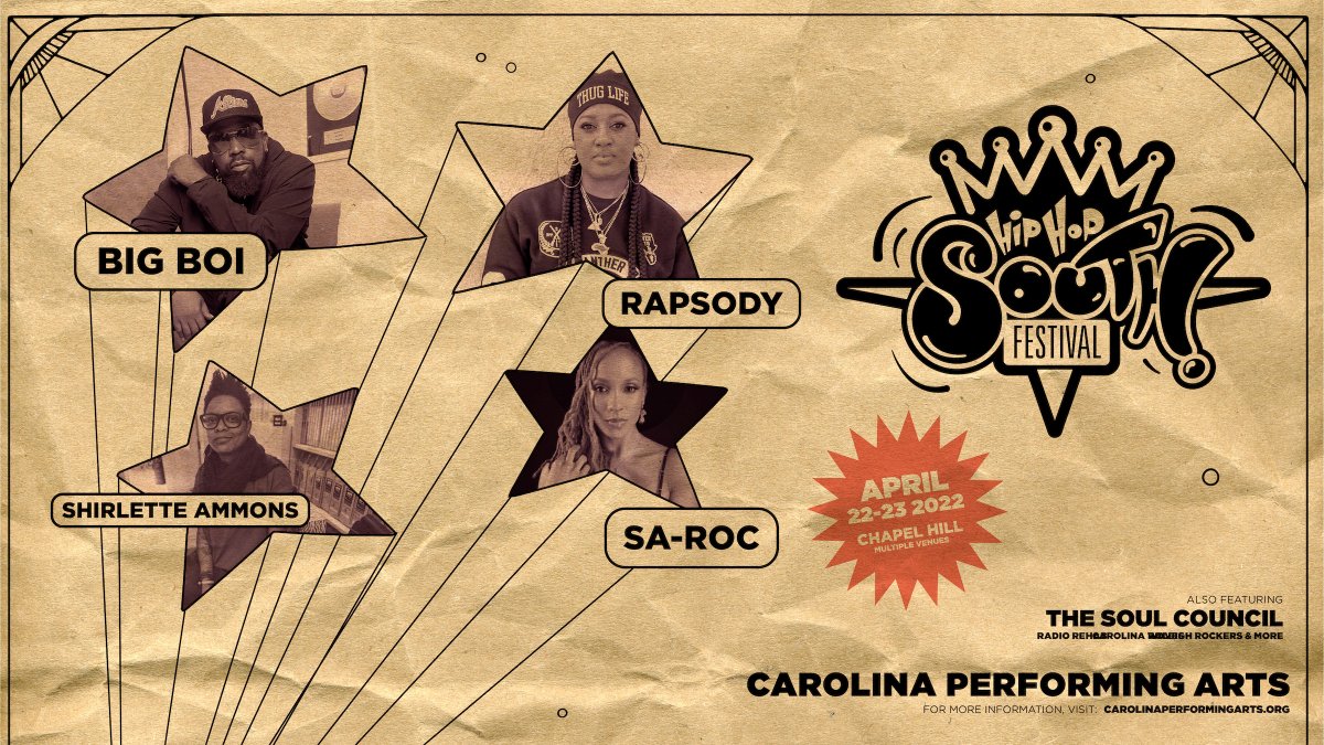 Carolina Performing Arts (@uncperformarts) on Twitter photo Co-curated by <a href="/dasanahanu/">dasanahanu</a> and @redclayscholar, our #hiphopsouthfest includes <a href="/bigboi/">Big Boi</a>, <a href="/rapsody/">Rapsody</a>, <a href="/sarocthemc/">sa-roc</a>, <a href="/shirletteammons/">shirlette ammons</a>, <a href="/MirsEmpire/">Mir.I.am aka Miriam Tolbert</a>, <a href="/RadioRehab1/">RadioRehabCarolinas</a>, <a href="/Soul_Council/">The Soul Council</a>, <a href="/RaleighRockersC/">Raleigh Rockers Crew</a> and more. Get your tix before they're gone, y'all! bit.ly/HipHopSouthFest
#hiphop Co-curated by <a href="/dasanahanu/">dasanahanu</a> and @redclayscholar, our #hiphopsouthfest includes <a href="/bigboi/">Big Boi</a>, <a href="/rapsody/">Rapsody</a>, <a href="/sarocthemc/">sa-roc</a>, <a href="/shirletteammons/">shirlette ammons</a>, <a href="/MirsEmpire/">Mir.I.am aka Miriam Tolbert</a>, <a href="/RadioRehab1/">RadioRehabCarolinas</a>, <a href="/Soul_Council/">The Soul Council</a>, <a href="/RaleighRockersC/">Raleigh Rockers Crew</a> and more. Get your tix before they're gone, y'all! bit.ly/HipHopSouthFest
#hiphop
