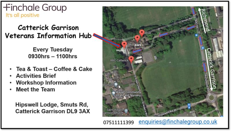 CATTERICK GARRISON VETERANS iHUB

Every Tuesday at 0930hrs

*Tea & Toast
*Coffee & Cake
*See What's On Offer

#CatterickGarrison #veteransihub #LeaveNoVeteranBehind #Veterans #VeteranSupport