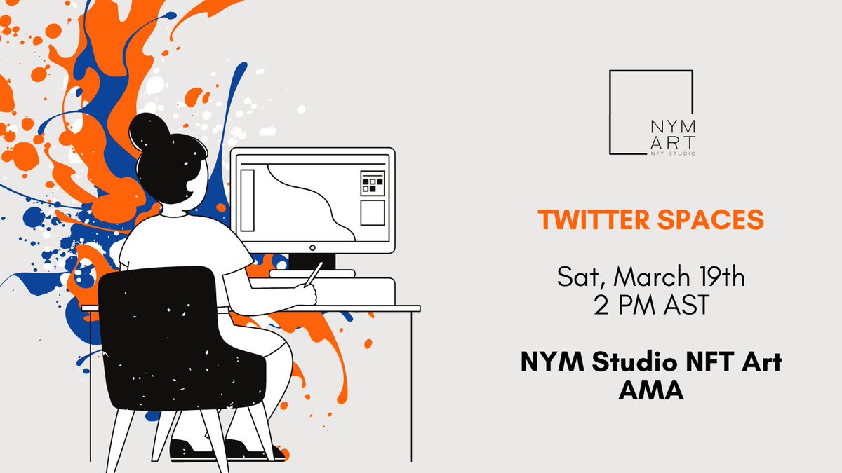 NYMStudio's tweet photo. Join us this Saturday, March 19th at 2 PM AST on our first #TwitterSpaces session!

Discover everything about NYM Studio #NFTArt, upcoming releases, and early benefits!

#NFTCommunity #NFTCollection #NFT #Crypto #Blockchain #NFTartist https://t.co/QMOrWJwj2m