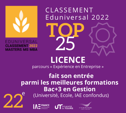 La nouvelle Licence de l’IAE Tours Val de Loire dans le TOP 25 des meilleures formations de BAC+3 en Gestion dans le classement 
<a href="/EduniversalEEA/">Eduniversal EEA</a>
 .
#cfauniv #univtours #EspritIAE