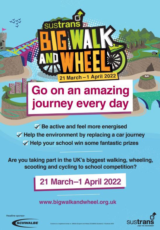AloericSchool's tweet photo. Walk, wheel, scoot or cycle to school over the next two weeks and hopefully help us to win some prizes as well as being more active 🛹🛴🚲🦽 @Sustrans #BigWalkAndWheel https://t.co/pNV54rI5Mz