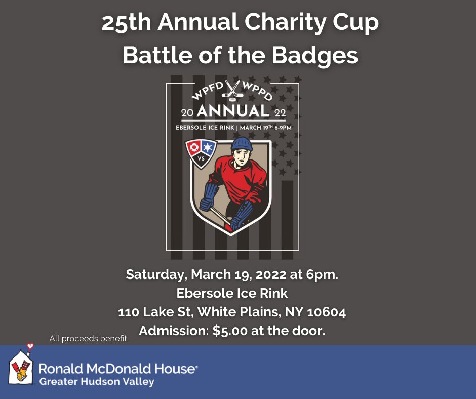 Tomorrow, the White Plains Firefighters will face off against the White Plains Police Officers at
Ebersole Ice Rink in the Battle of the Badges! Join us at Ebersole Ice Rink in White Plains!

#rmhghv #keepingfamiliesclose #nonprofit  #charity #donate #nonprofitorganization
