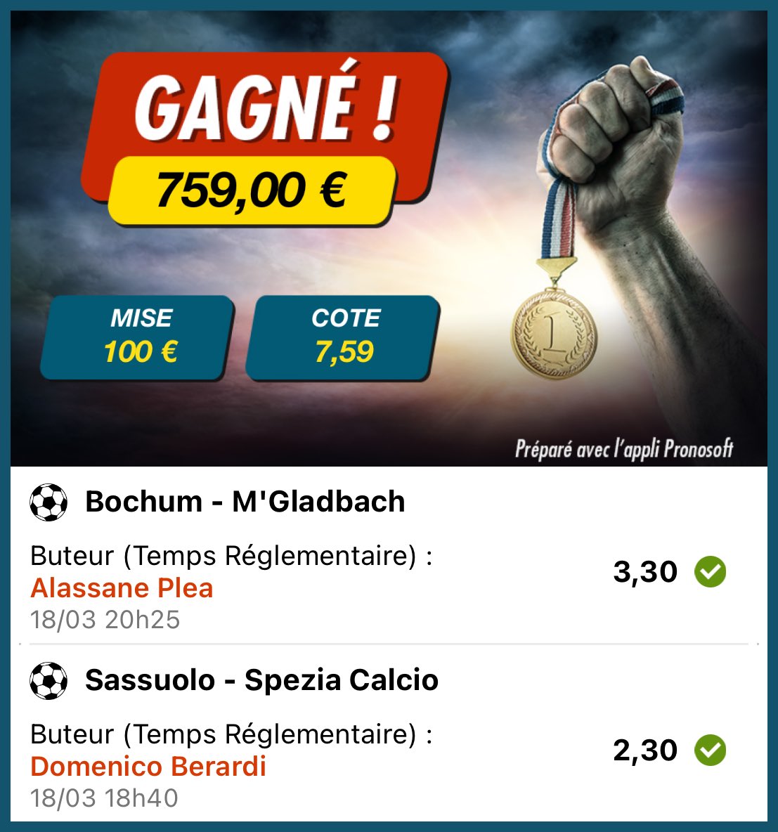 nou_pronosoft's tweet image. Belle soirée pour ceux qui ont suivi mes buteurs du #PronoLive du jour avec ou sans la rectification de Scamacca en Berardi puisque les deux ont marqué et avaient la même cote ! 💪💪💪#TeamParieur @Pronosoft