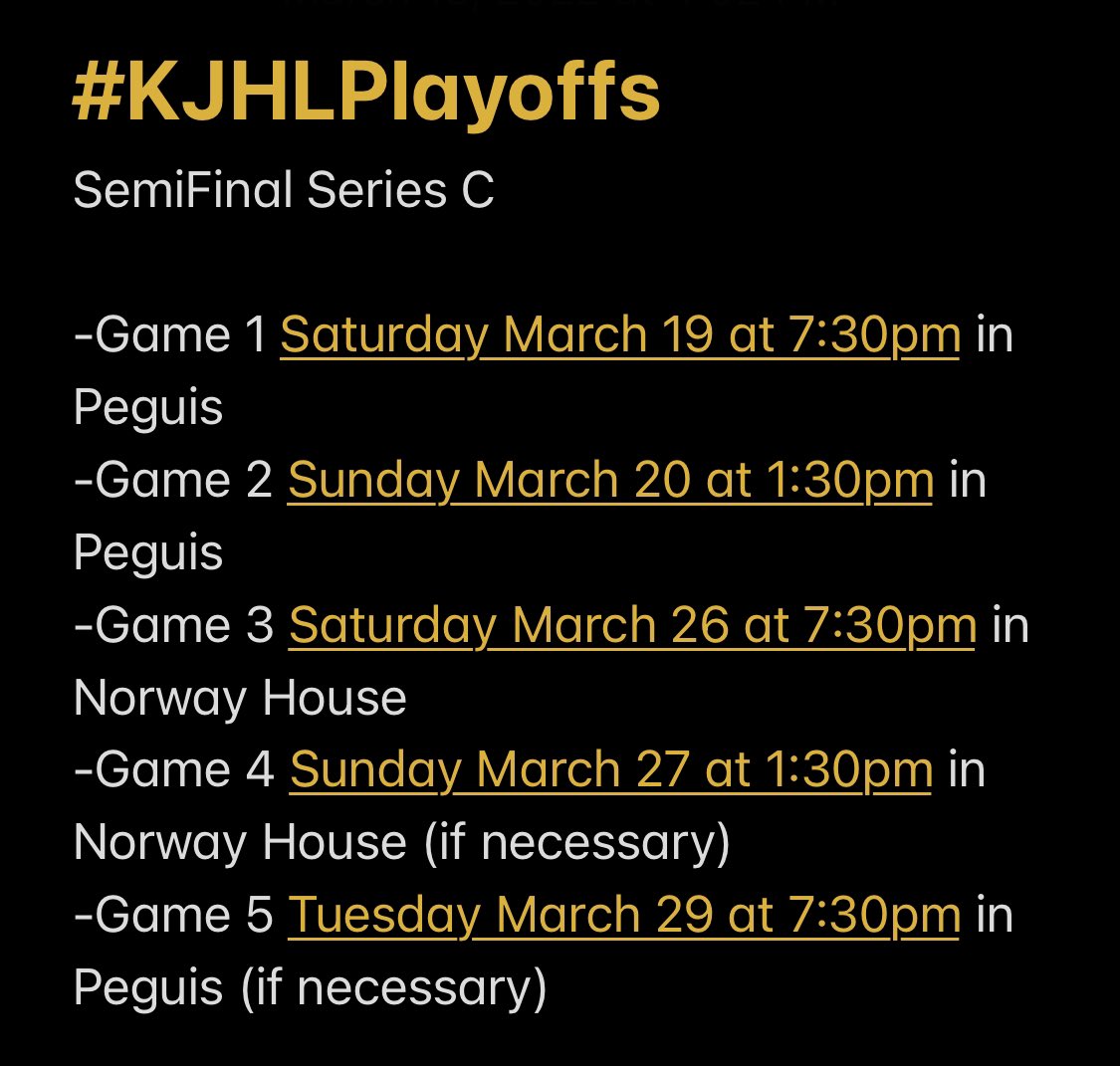 Here’s our #KJHLPlayoffs semifinal schedule for our matchup against the <a href="/KJHLJuniors/">Peguis Juniors</a> :