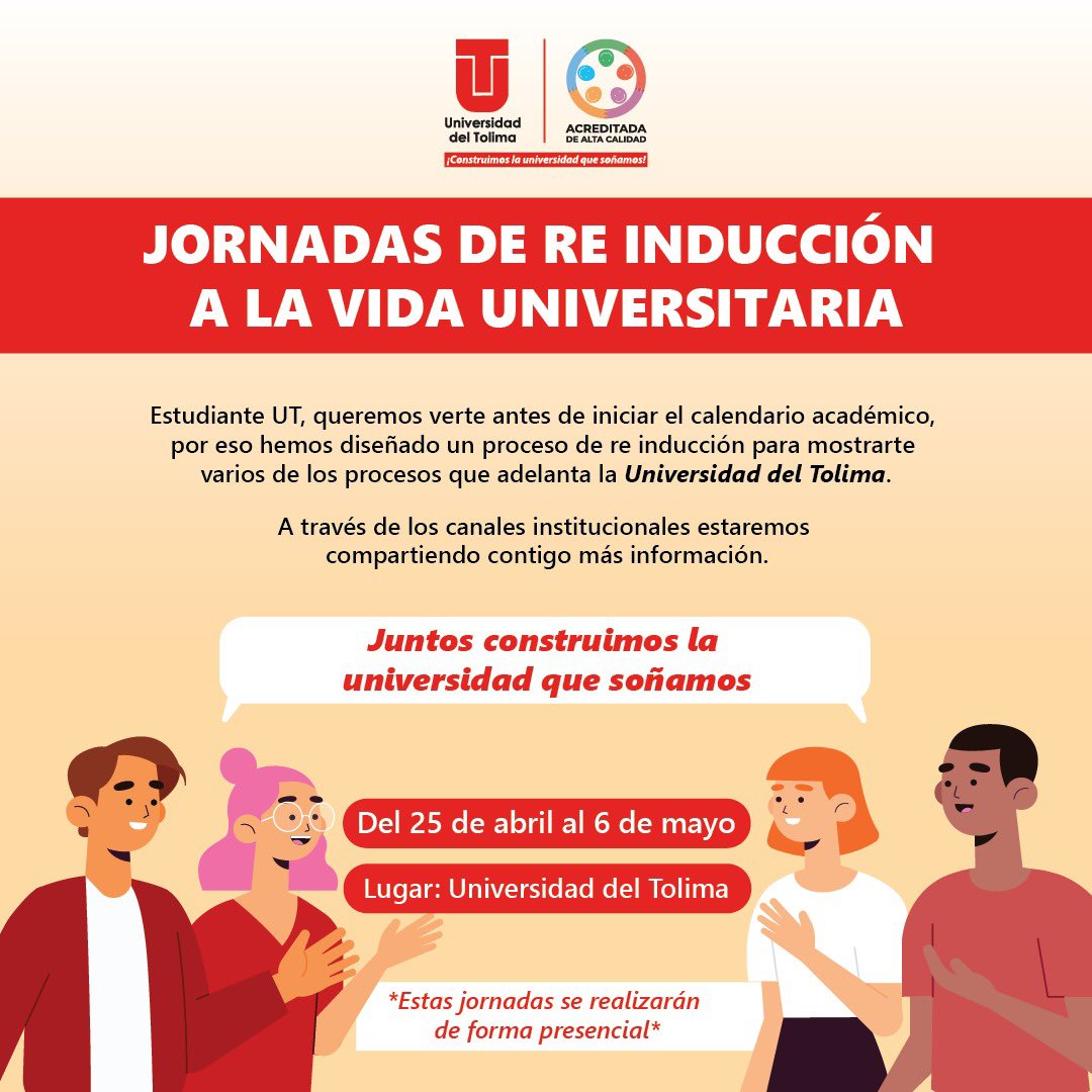 Uni_Tolima's tweet photo. #ViveLaUT | Estudiante UT. Nos estamos preparando para las jornadas de reinducción a la vida universitaria. Toda una agenda académica y cultural orientada a fortalecer los lazos comunitarios en nuestra universidad. ¡Pronto más detalles! https://t.co/5XQIXtQ9ii