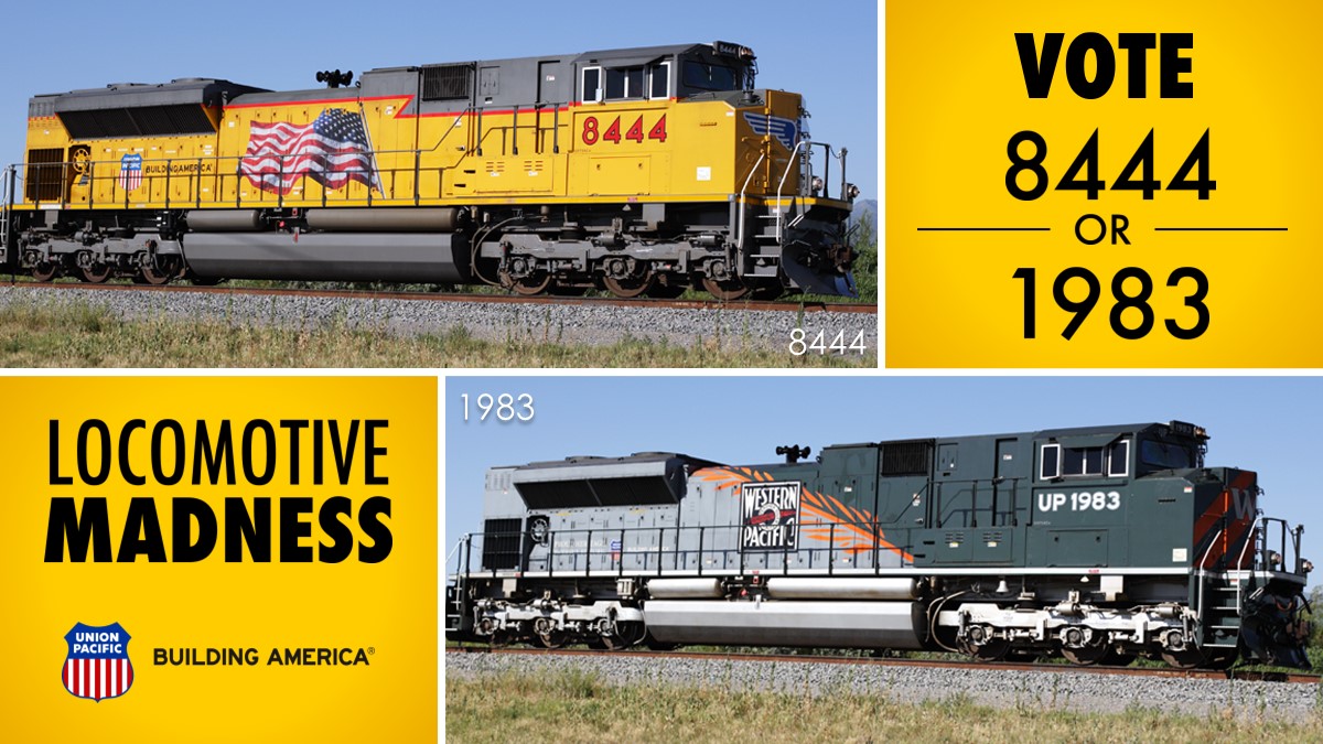 UnionPacific's tweet photo. The next matchup in #LocomotiveMadness is #UP8444, an example of Union Pacific's flag emblazoned locomotives, vs. #UP1983, the Western Pacific heritage locomotive. https://t.co/LovSumgiOn